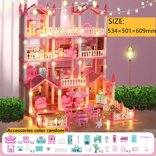 Girls Toddler Doll House - Large Doll House with 4 Dolls, Furniture, Accessories, LED Lights, 4 Stories Princess Dream House Toy.