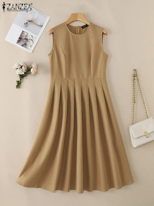 ZANZEA Elegante Frauen Plissee Midi Kleider Ausgestattet Taille Ärmel Solide Party Vestidos 2025, Sommer O Neck Pendeln Roben Femme