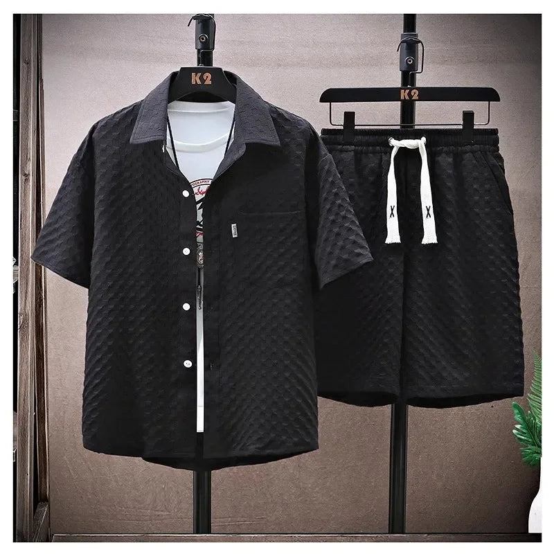 Casual Thin Sports Two-piece Set 2024 Summer Ice Silk Suit Men's Trendy Short Sleeve T-shirt Shorts One Set.