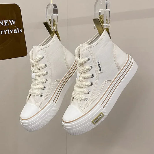 Maogu Women Autumn 2023 New Fashion Thick Platform Leisure Sports Shoe White Sneakers Breathable Casual High Top Canvas Shoes 40.