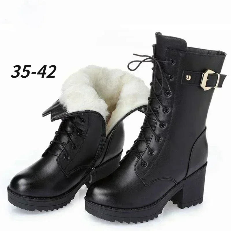 2025 Winter Leather Women Winter Boots Thick Wool Warm Women High-heeled Genuine Boot High-quality Female Snow Boots Women Shoes.