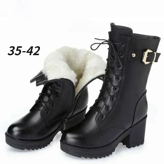 2025 Winter Leather Women Winter Boots Thick Wool Warm Women High-heeled Genuine Boot High-quality Female Snow Boots Women Shoes.