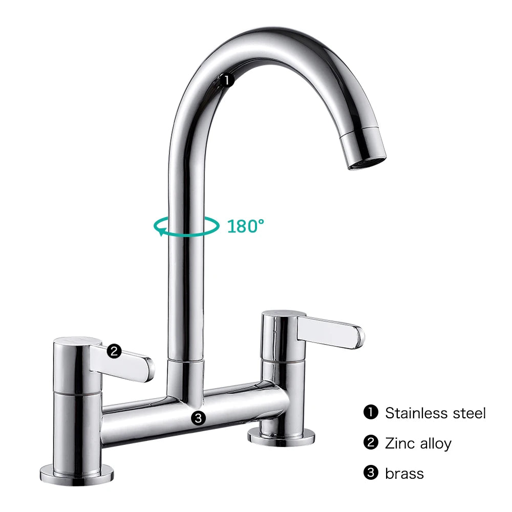 Modern Double Lever Sink Faucet Kitchen Hot Cold Wash Mix Sink Mixer Taps 360° Swivel Spout Kitchen Two Seat Elbow Faucet Filter