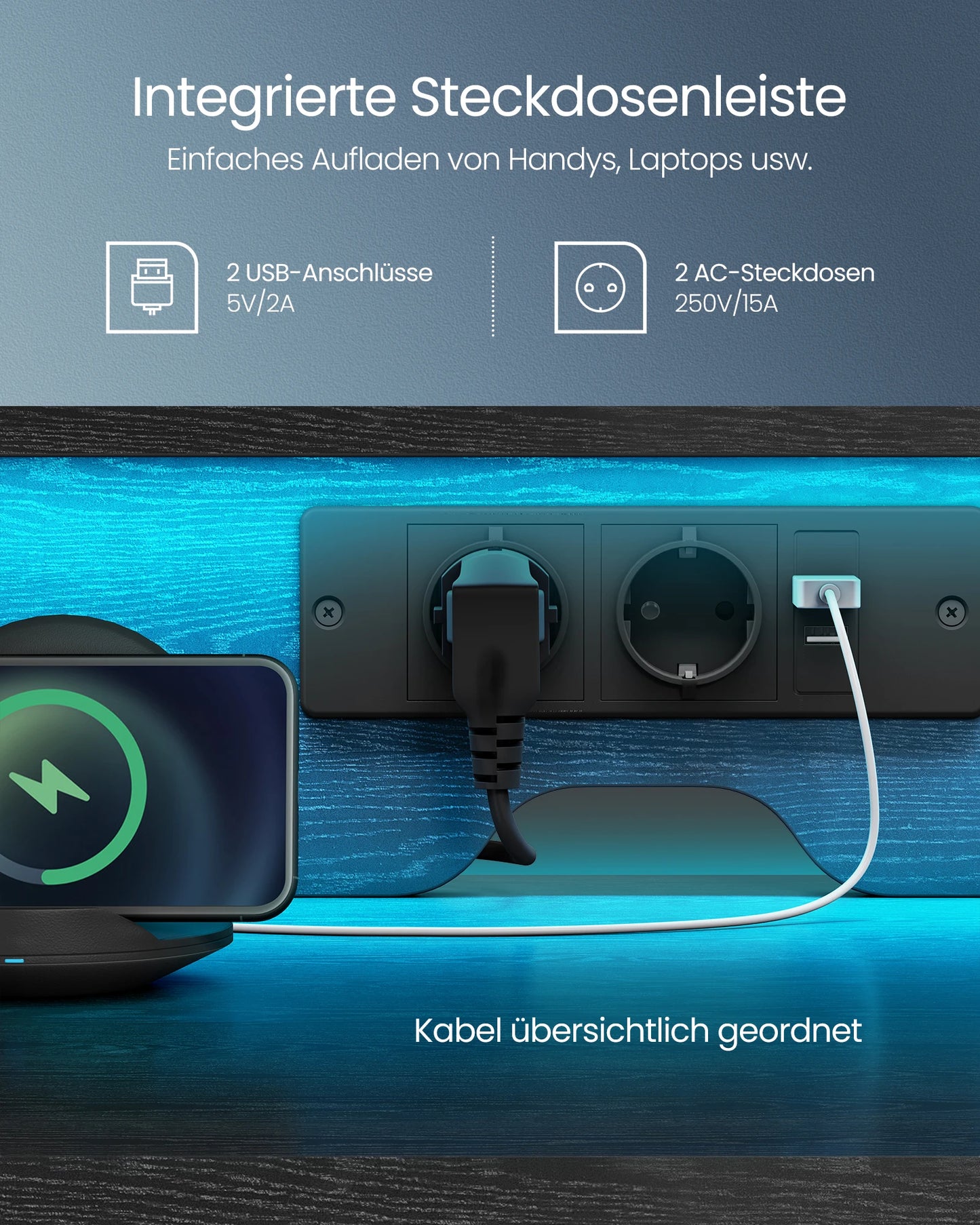 VASAGLE Schreibtisch mit Schubladen, Computertisch mit Monitorständer, LED-Beleuchtung, 55 x 135 x 90 cm, eingebaute Steckdosen