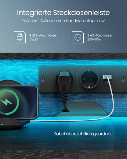 VASAGLE Schreibtisch mit Schubladen, Computertisch mit Monitorständer, LED-Beleuchtung, 55 x 135 x 90 cm, eingebaute Steckdosen