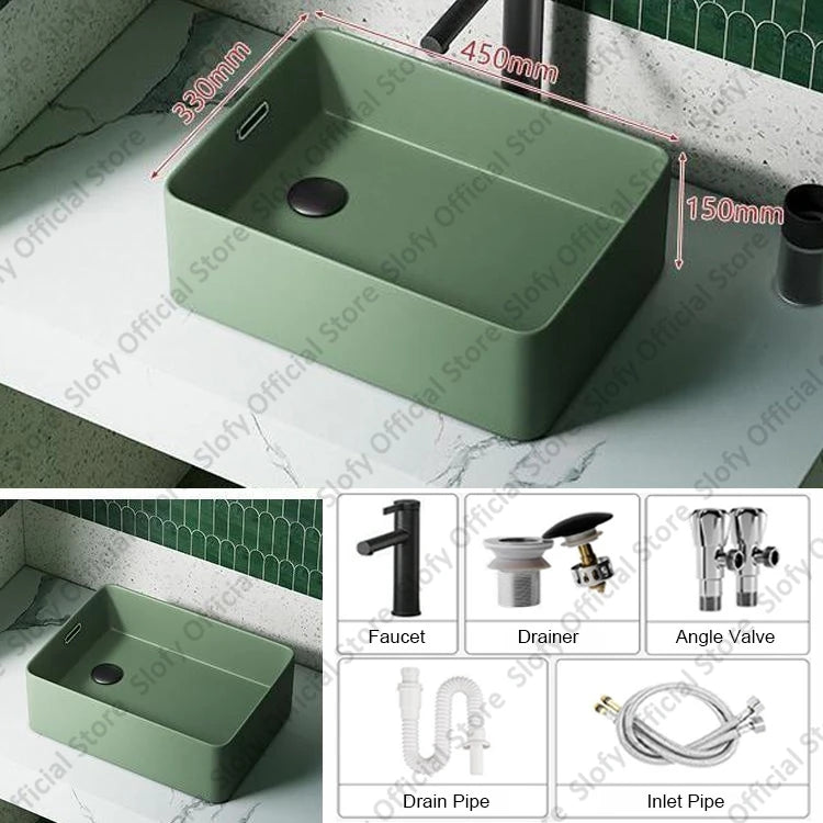 Grünes Haushalts-Hotel-Badezimmerwaschbecken, einfaches künstlerisches Keramik-Waschbecken über der Theke, Sockelwaschbecken, Balkon, Waschmaschine, Waschbecken