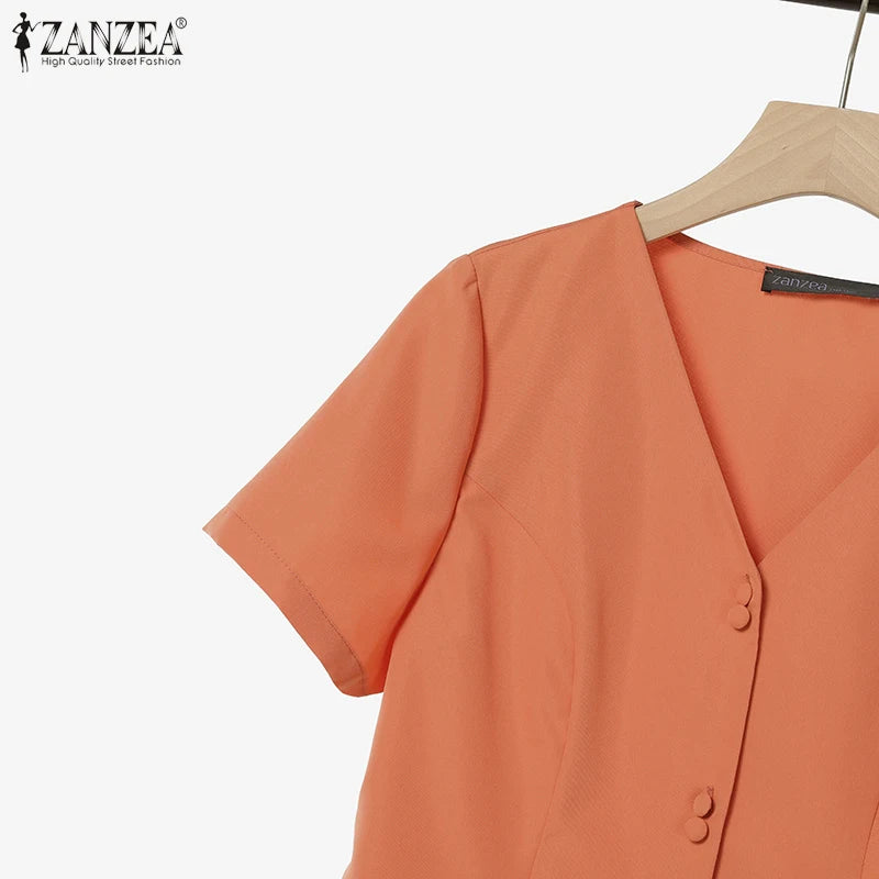 ZANZEA Fashion 2 Piece Sets Woman Elegant V-Neck Short Sleeve Shirts Wide Leg Pants 2pcs Suits Office Lady Commuting Pant Sets.