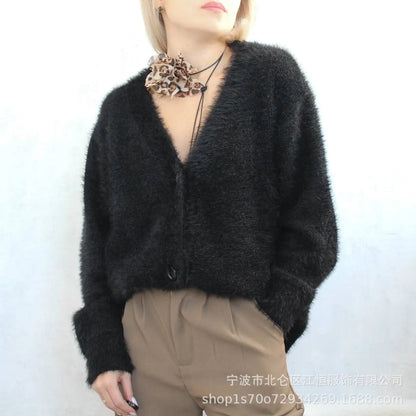 Women New Knitted Thick Cashmere Wool Cardigan Chic V Neck Single Breasted Fashion Long Sleeve Sweater Fall Winter Coat Outwear