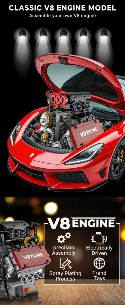 Brick V8 Engine Motorized Simulation Model Electrically Drive Building Blocks Technical Car Parts Creative Toys Gifts Boys Adult.
