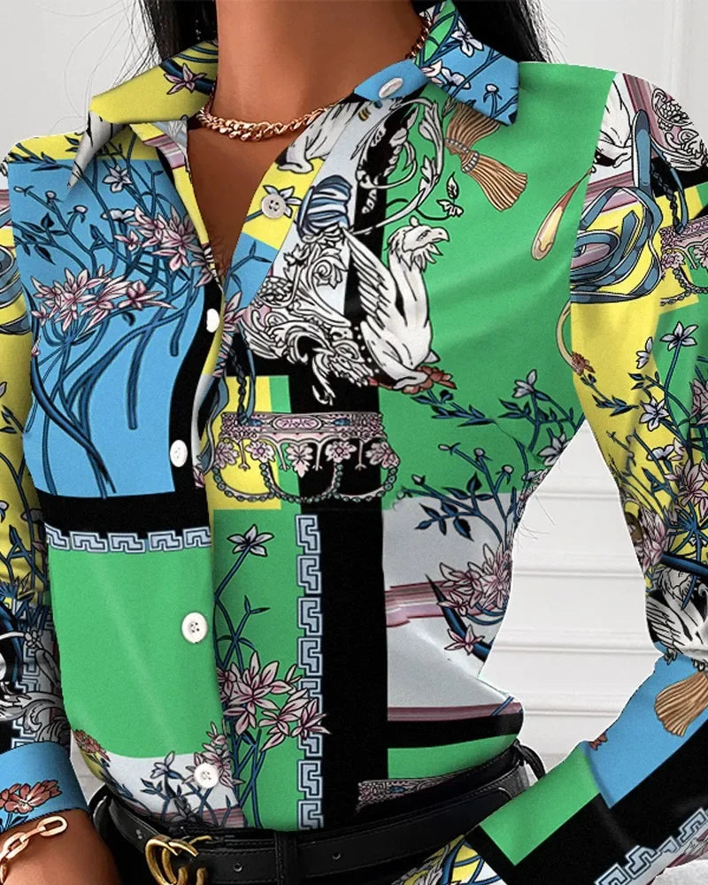 Summer New Women's Long-sleeved Shirt, Single-breasted Printed Shirts Fashion Casual Tops Camisa Female Chemise S-XXL