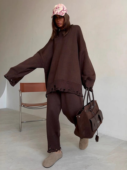 Bornladies Autumn Winter Women's New Turtleneck Knit Sweater Skinny Knit Pants Set Soft Oversized Ripped Hem Fashion Pullover