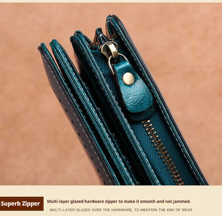 Vintage Large Capacity Women's Purse, Oil wax skin, Multi-card, Long Wallet, Multi-function Zipper Strap, Wrist Strap, New.