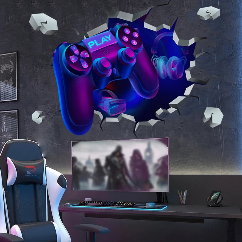 Larger Game Poster 3D Wall Hole Art Cool Gamer Zone Gamepad Vinyl Mural Stickers Home Decoration for Kids Bedroom Gaming Rooms.