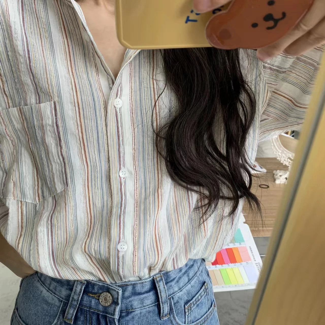Vintage Office Lady Striped Shirt Spring Pocket Turn Down Collar Tops Korean Style Loose Long Sleeve Blouse Casual Women Clothes.