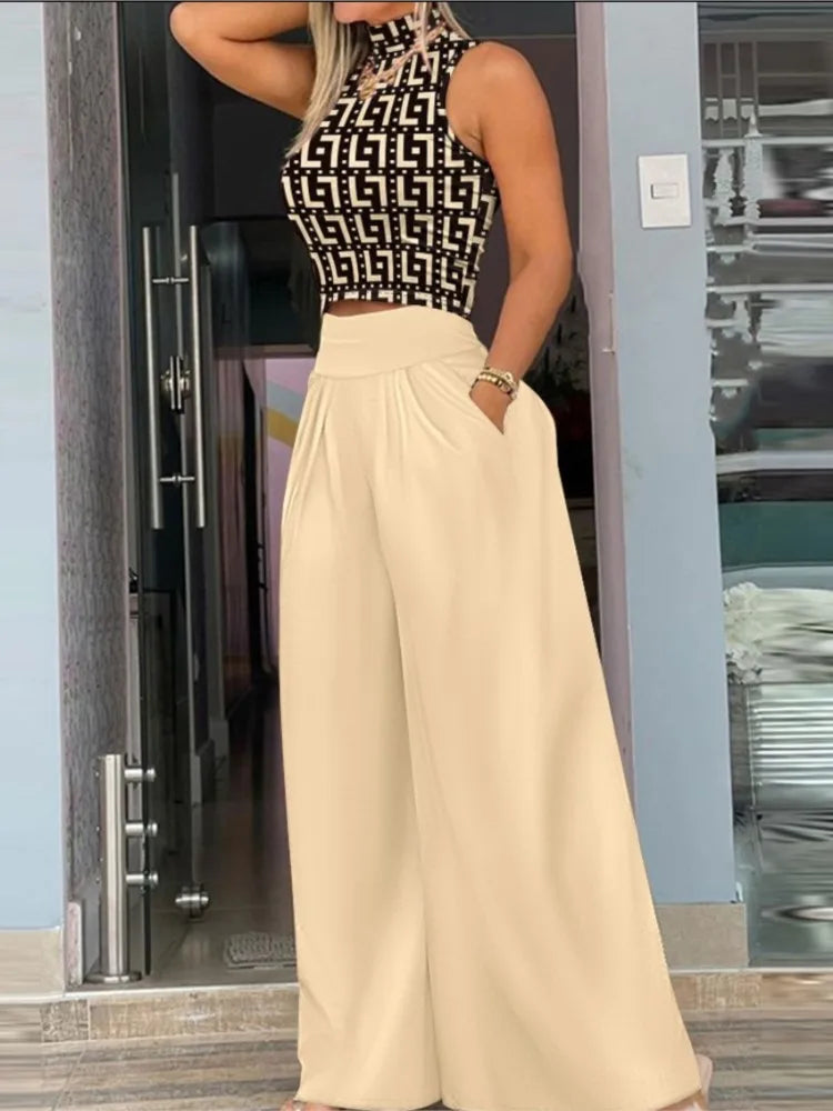 Autumn New Sleeveless Vest For Women's Suit Fashion Printed Wide Leg Trousers Slim Elegant Female Temperament Office 2 Piece Set.