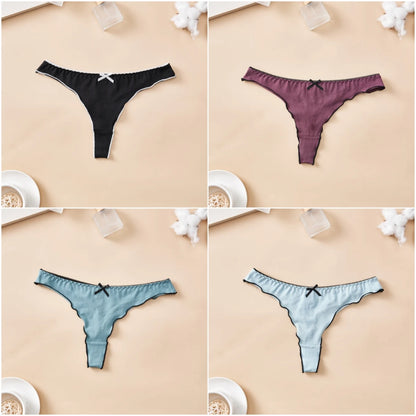 4pcs women's cotton solid color thong sexy comfortable women's underwear daily breathable T-back knitted bow cute girl low-waist