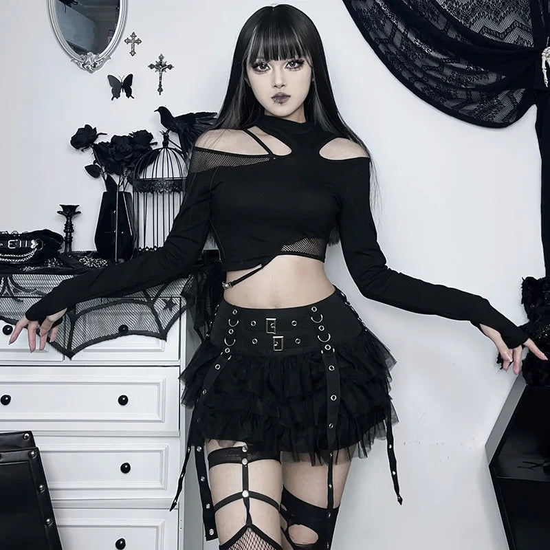 Goth Dark Ruffles Mall Gothic Mesh Splice Mini Skirts Grunge Aesthetic Harajuku Buckle A-line Skirt Punk High Waist Alt Bottoms