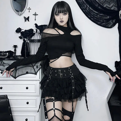 Goth Dark Ruffles Mall Gothic Mesh Splice Mini Skirts Grunge Aesthetic Harajuku Buckle A-line Skirt Punk High Waist Alt Bottoms