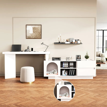 Eckschreibtisch mit integriertem Tierhaus, MDF-Eckschreibtisch aus verdicktem Brett für das Heimbüro mit XLanimal Cave L-förmiger Eckschreibtisch