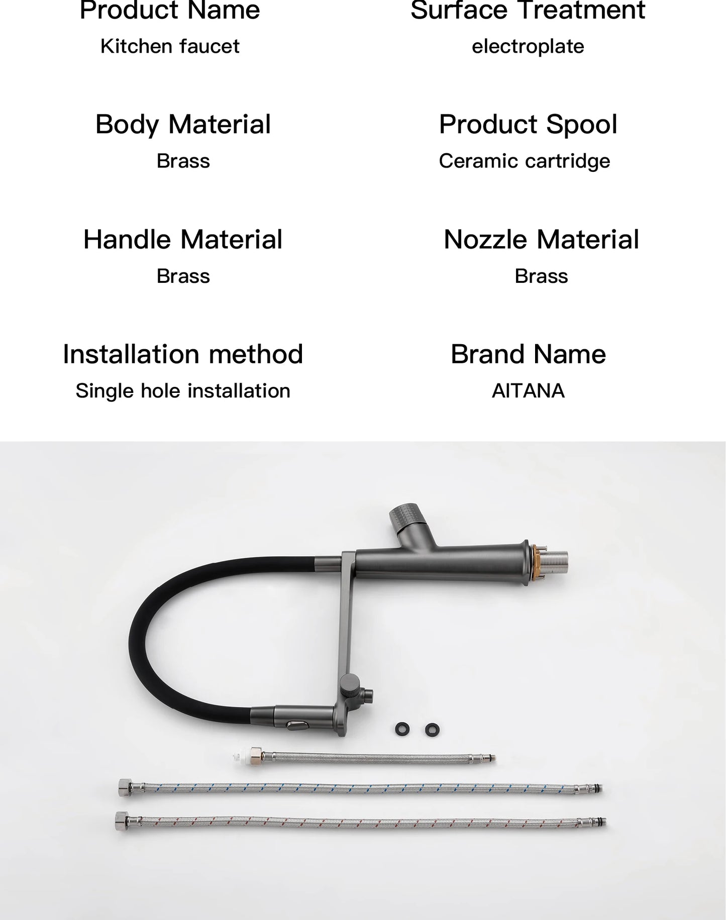 AITANA Luxury Brass Gun Grey Pull out 2-Function Kitchen Faucet Single Handle Cold and Hot Water Pure Water Design Sink Tap