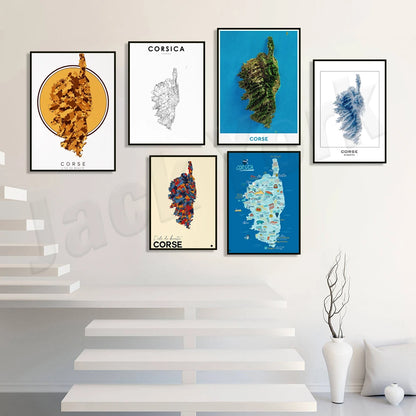 Corsica topographic map print, Corsica cities, France Corsica map print, road map art poster modern wall art decor.