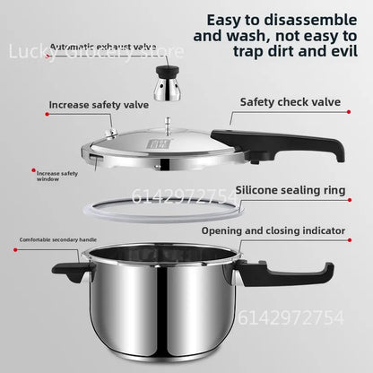 Stainless steel pressure cooker, stove compatible, used for safe cooking, canning, and stewing.