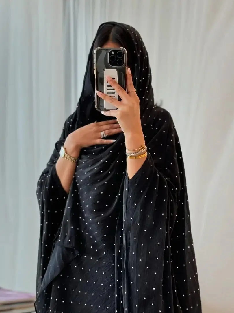 Ramadan Wave Point Black Open Muslim Modest With Hijab Women Kimono Abaya Damen Dubai Islam Kebaya Kaftan Robe Femme Musulman.