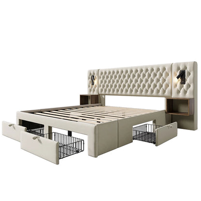 KOMHTOM Polsterbett mit 2 Nachttischen und 4 Schubladen, Kopfteil Leselicht mit USB-Ladefunktion, Samt (Ohne Matratze)