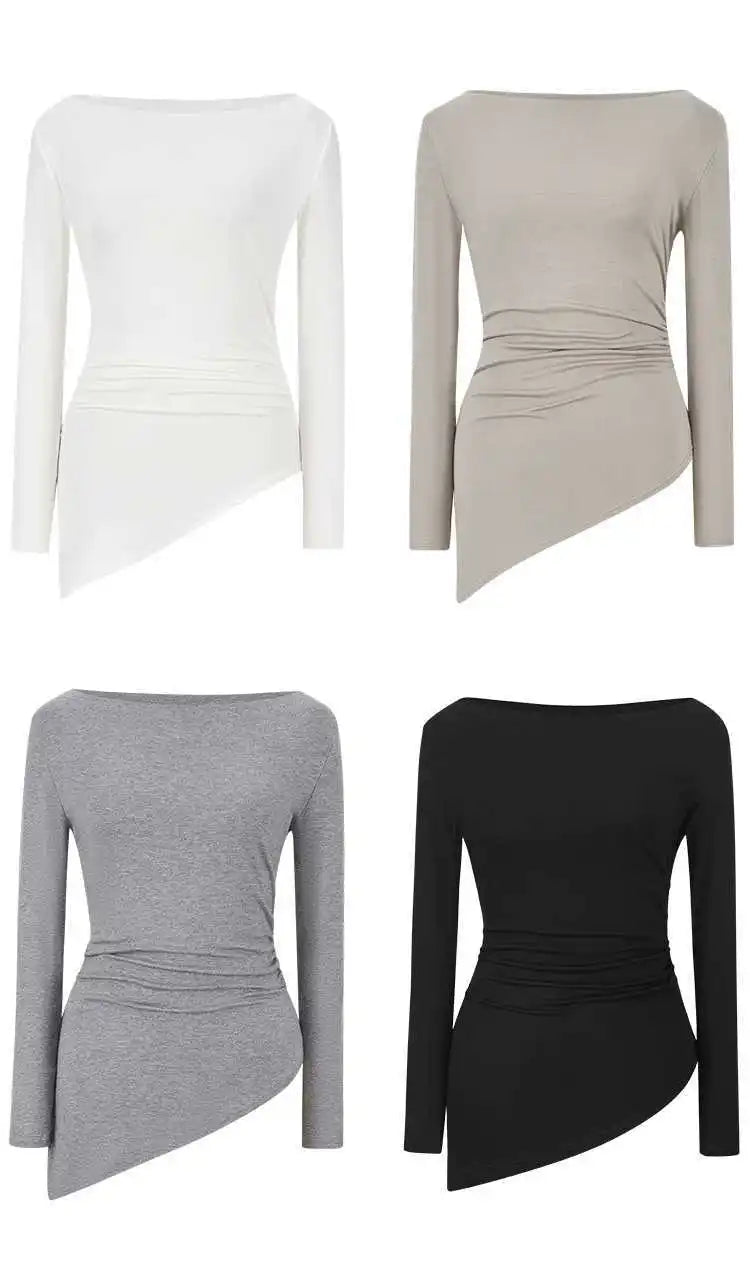 Sexy Long Sleeve T-Shirt Shoulder Bared Waist Cinched Slim Fit Knitted Cotton Solid Color Casual Urban Style for Early Autumn.