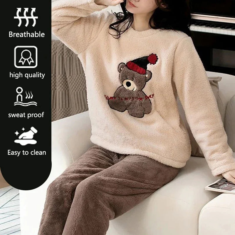 Thickened Warm Large Size Padded Fall and Winter Women's Pajamas Top and Pants Set Coral Velvet Ladies Cartoon Bear 2PCS/Set.