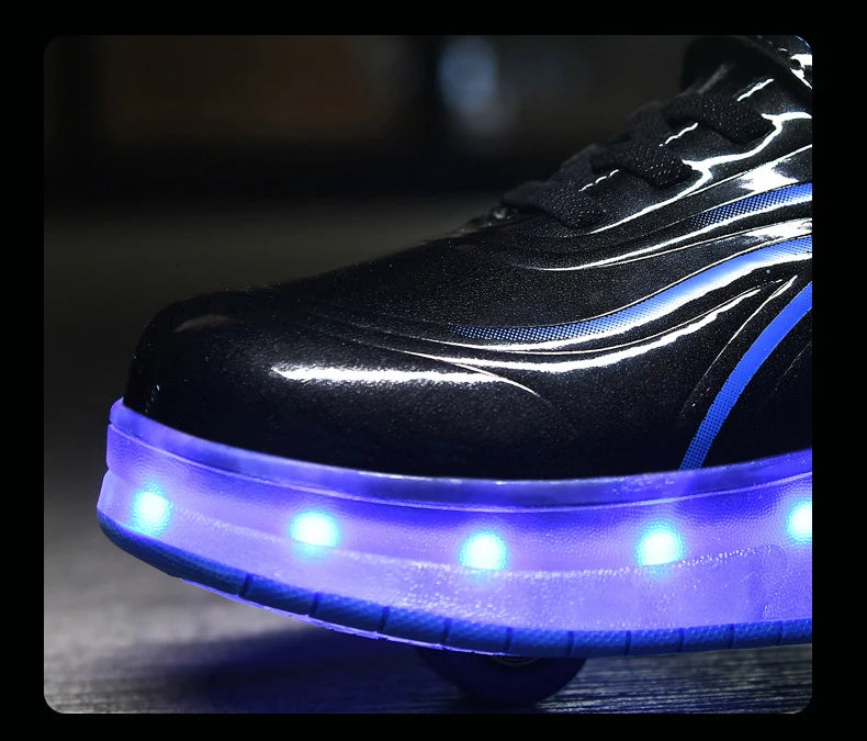 YUNICUS Led Light Boys Girls Shoe USB Charging Black Two Wheels Luminous Sneakers Roller Skate Shoes for Children Kids Led Shoes.