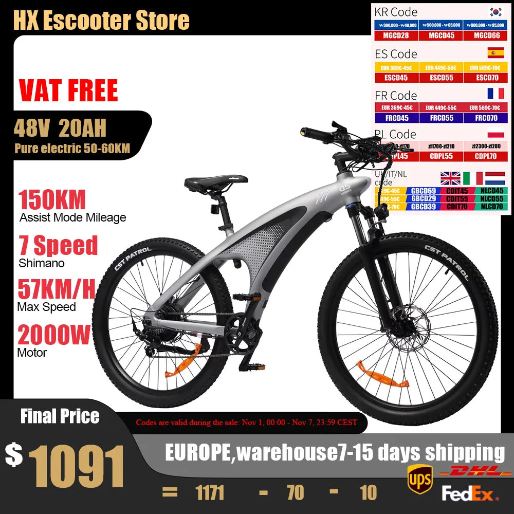 HX Q5 Ebikes 2000W Adults Electric Bike 57KM/H Electric Bicycle 27.5 Inch Removable battery Electric E Bikes Mountain Ebike.