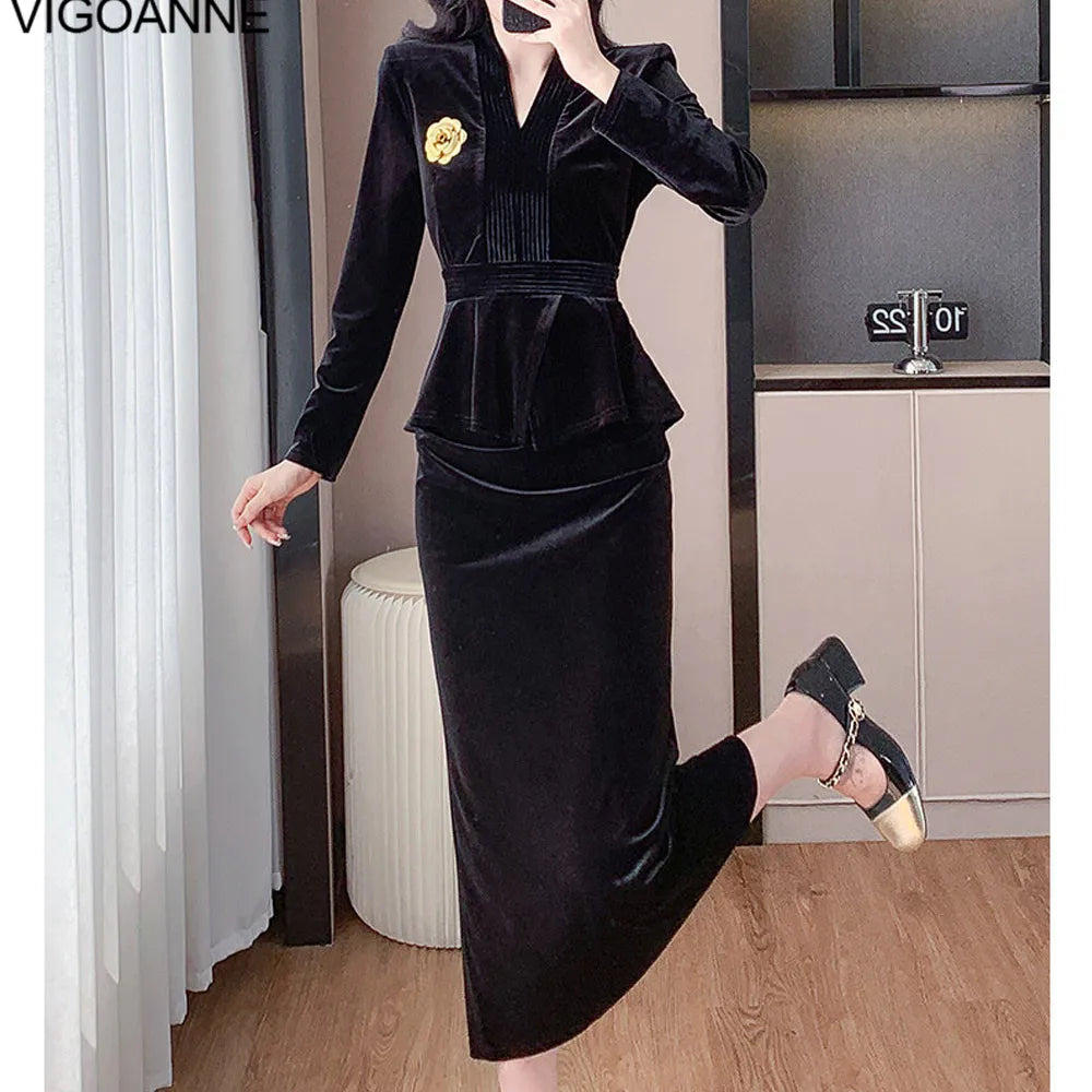 VigoAnne 2025 Solid V Neck Velvet 2 Piece Set Woman Long Sleeve High Waist Skirt Suits Lady Spring Autumn Korean Long Dress Suit.