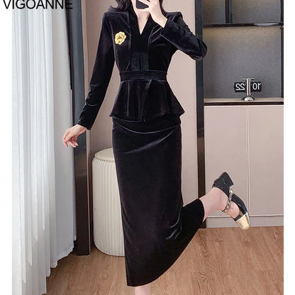 VigoAnne 2025 Solid V Neck Velvet 2 Piece Set Woman Long Sleeve High Waist Skirt Suits Lady Spring Autumn Korean Long Dress Suit.