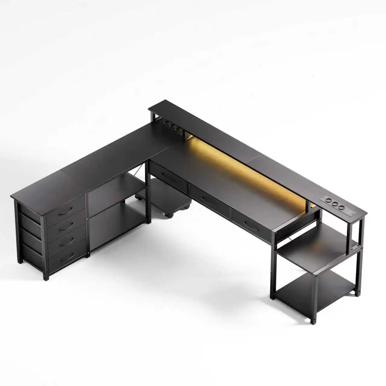 Schwarzer L-förmiger Schreibtisch mit LED Beleuchtung USB Steckdosen und Schubladen Gaming Computertisch 200cm