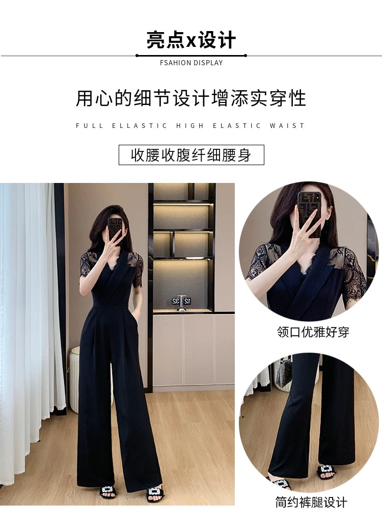 LYX High-Cold Lady Style Romper Women Summer Short Sleeve High Waist Lace Splicing Hollow out One-Piece Straight Leg Pants.