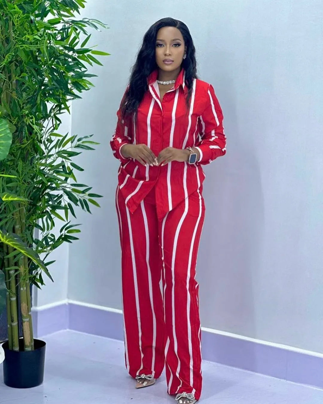 Fashion Striped Print Suit For Women Elegant Lapel Long Sleeved Shirt Elastic Waist Wide Leg Pants Two Piece Set 2024 Autumn New.