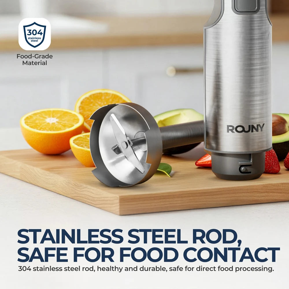 ROUNY 4-in-1 Hand Immersion Blender 1000W Powerful, Stainless Steel Stick Food Mixer,700ml Mixing Beaker,500ml Processor, Whisk.