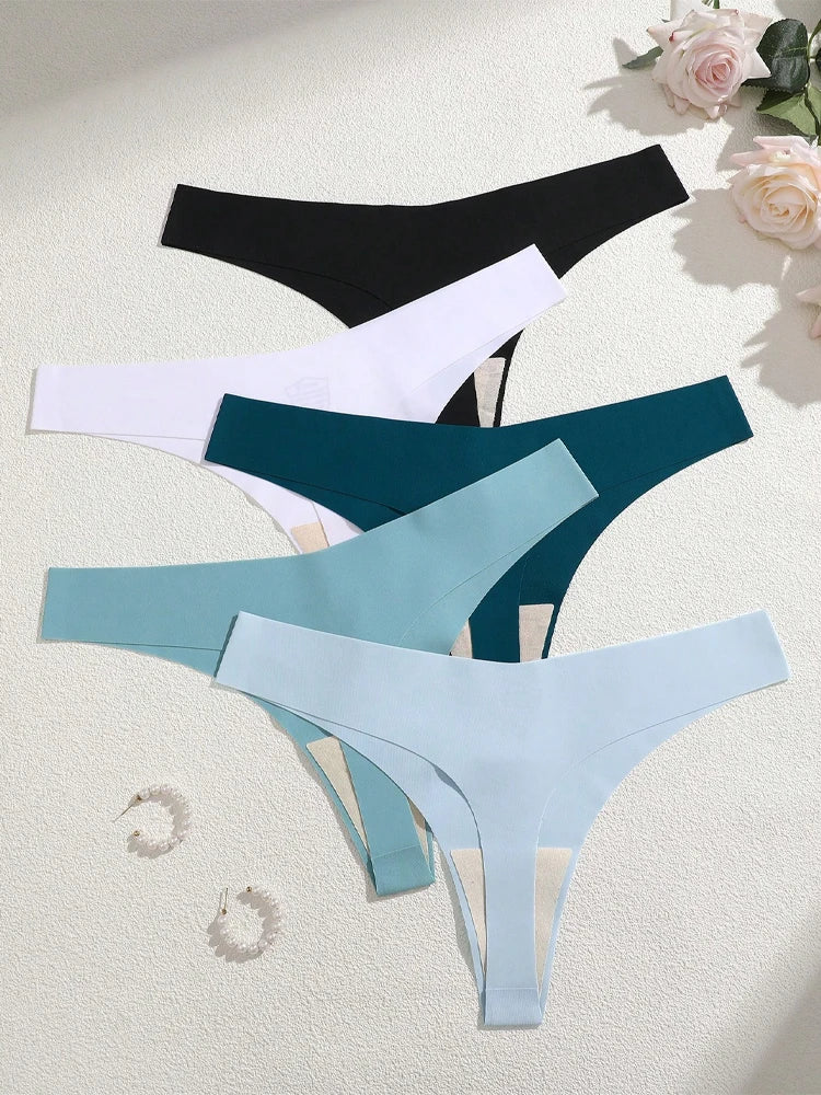 5Pcs Ice Silk Seamless Thongs Women's V-Waist Solid Color Panties Sexy Breathable Low Rise Underwear Invisible Bikini Lingerie.