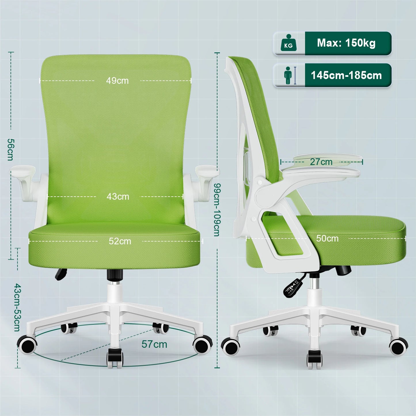 AUTHMIC Ergonomischer Netz-Bürostuhl mit Lordosenstütze, hochklappbaren Armlehnen, verstellbarer und höhenverstellbar für den Schreibtisch zu Hause – Grün