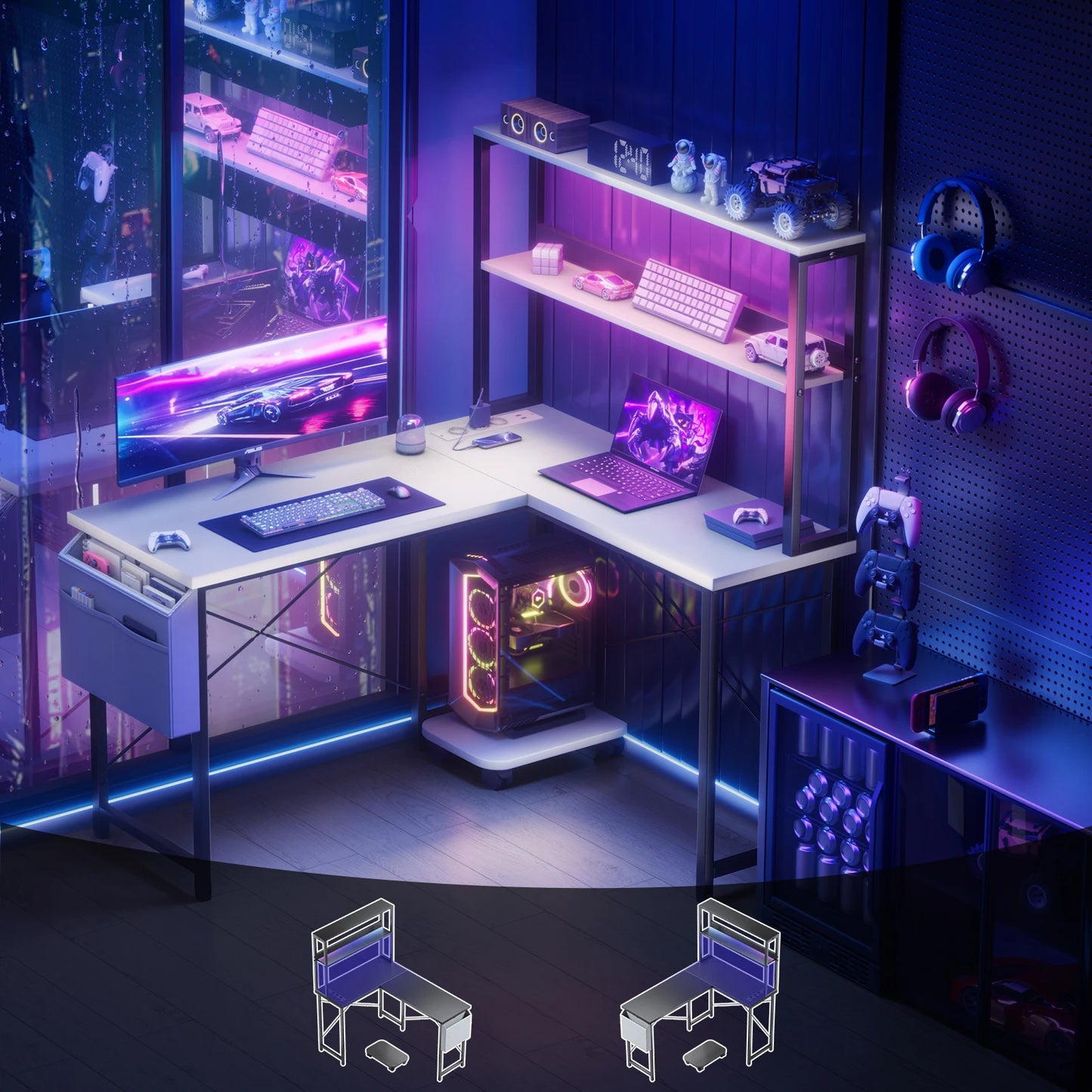 Weißer L-förmiger Schreibtisch mit LED Beleuchtung Doppelregal USB Steckdosen Gaming und Arbeitstisch