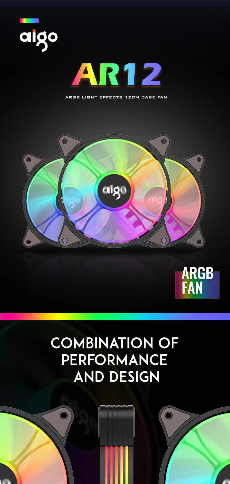 Aigo AR12 120mm PC Gamer Computer Case Fan RGB 12v Heatsink Aura Sync Cooler Argb Silent Controller Kit Fan Cooling Ventilador.