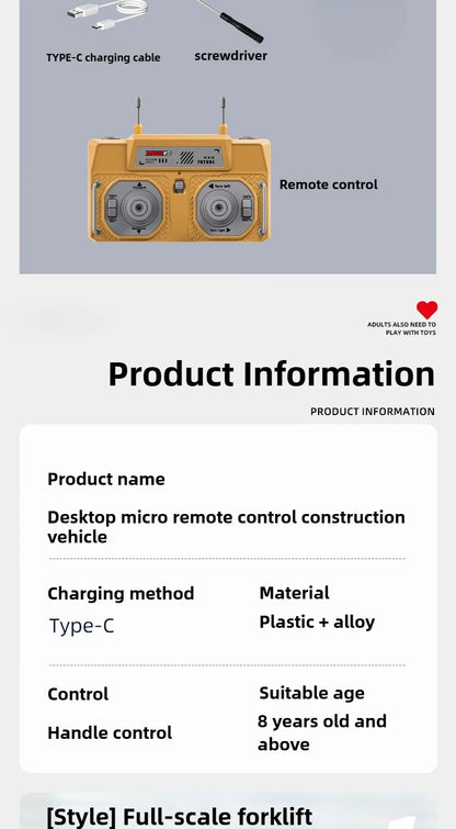 RC Car 1/64 Full Scale Mini RC Engineering Vehicle Desktop Electric Remote Control Excavator Dump Truck Forklift Model Toy Gift.