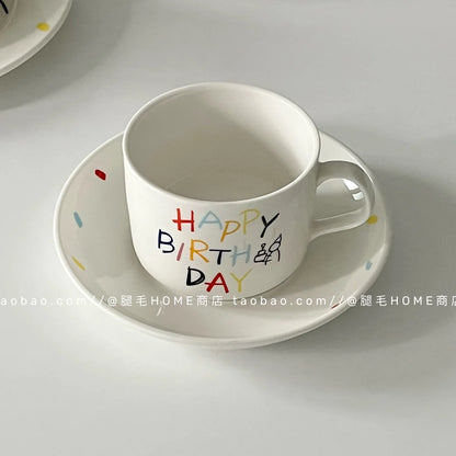 Korean Plate Designer Cute Happy Birthday Tableware Ceramic Coffee Cup Plate Dessert Cake Plate Cup Creative Birthday Gift.
