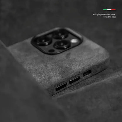 Grey Alcantara Magnetic Attraction Case for iPhone 16 12 13 14 15 Pro Max High-end Imported Suede Metal Lens Protection Cover.