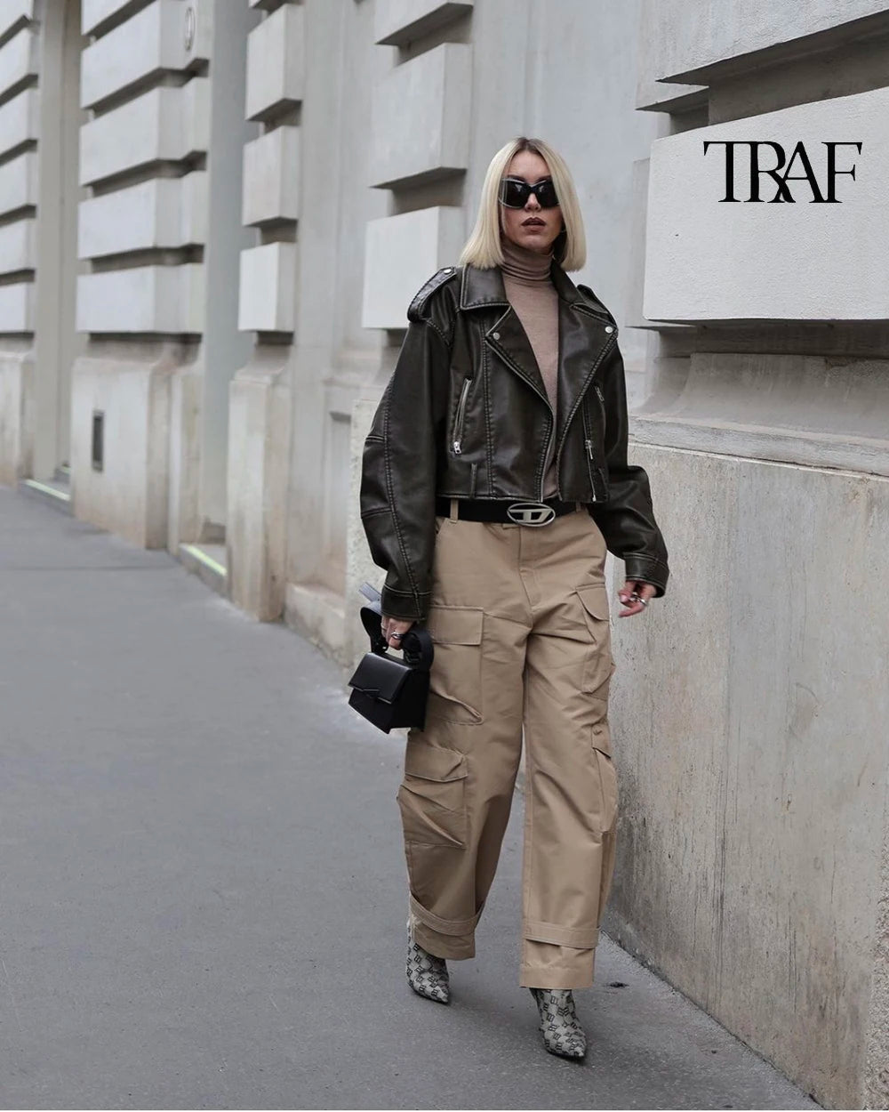 TRAF Damen Vintage lose Lederjacke Gürtel Schulter Abzeichen Zip Revers Jacke Handsome Washed Leder Motorrad Kleidung.