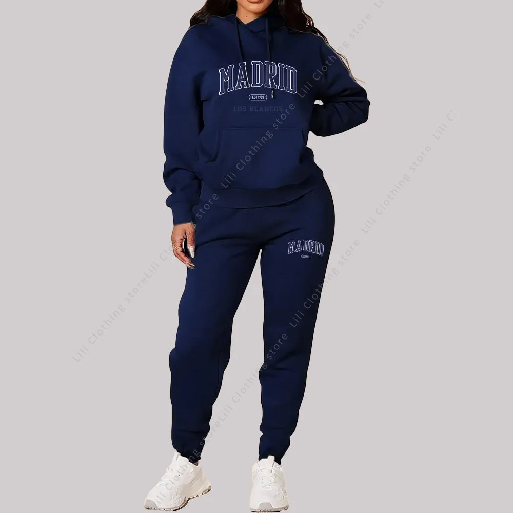Neue Damen Trainingsanzug Herbst Winter Hoodies Sweatshirts Jogginghose 2-teilige Outfits Madrid Print Trend Sportbekleidung Damen Hosen Sets