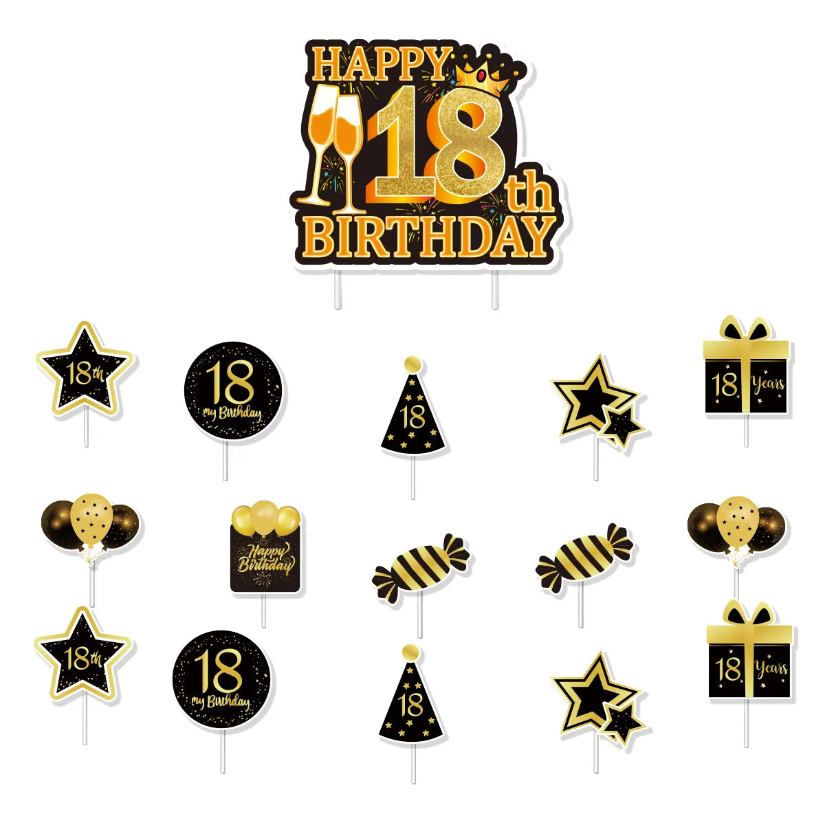Dekore zum 18. Geburtstag für Jungen und Mädchen, Schwarz-Gold, Party-Banner, Ballon-Tischdecke, Teller, Tasse, Serviette, Partyzubehör zum 18. Geburtstag.