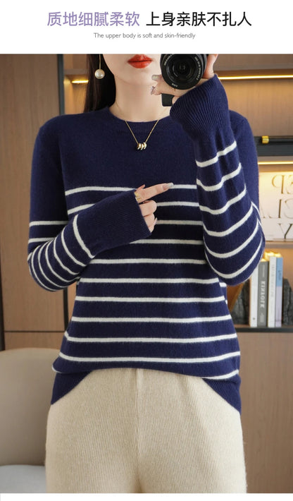 Herbst Winter neue Frauen O-Ausschnitt Farbe Streifen Pullover Wolle Mischung Mode weichen warmen Pullover Kaschmir lose lässig Strick Base Top.