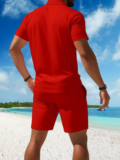 2025 Men's casual sports mesh set, summer T-shirt fashionable, comfortable and breathable lapel beach two-piece set.